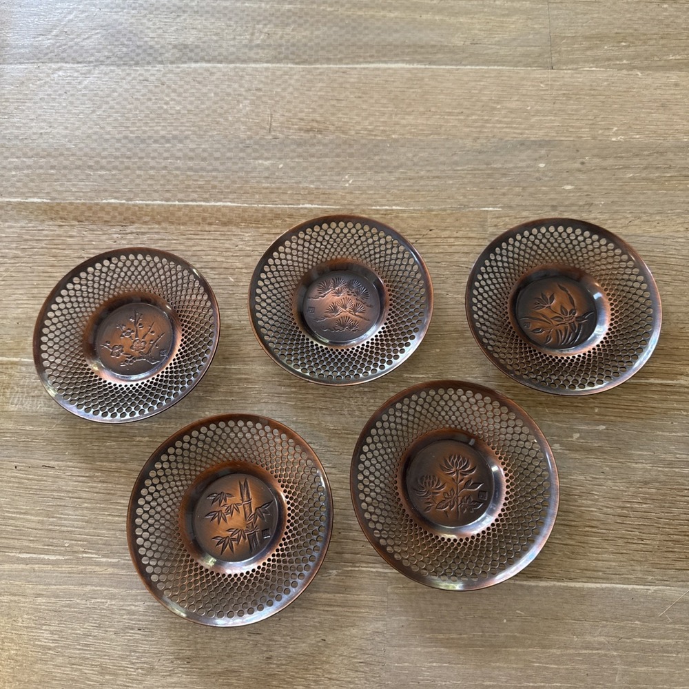 Set 5 Pure Copper Openwork Tea Trays 115mm 4.5" Mitsubishi Decor Tea Coasters